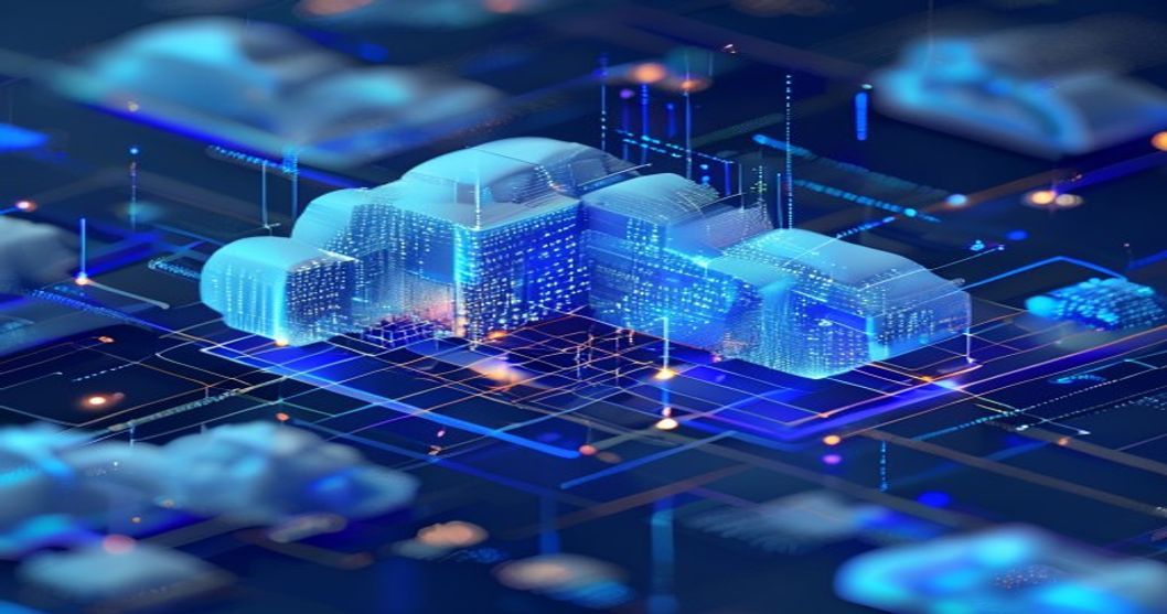 Abstract cloud automation pipeline with glowing identity nodes and flowing data streams in blue and teal on a dark background