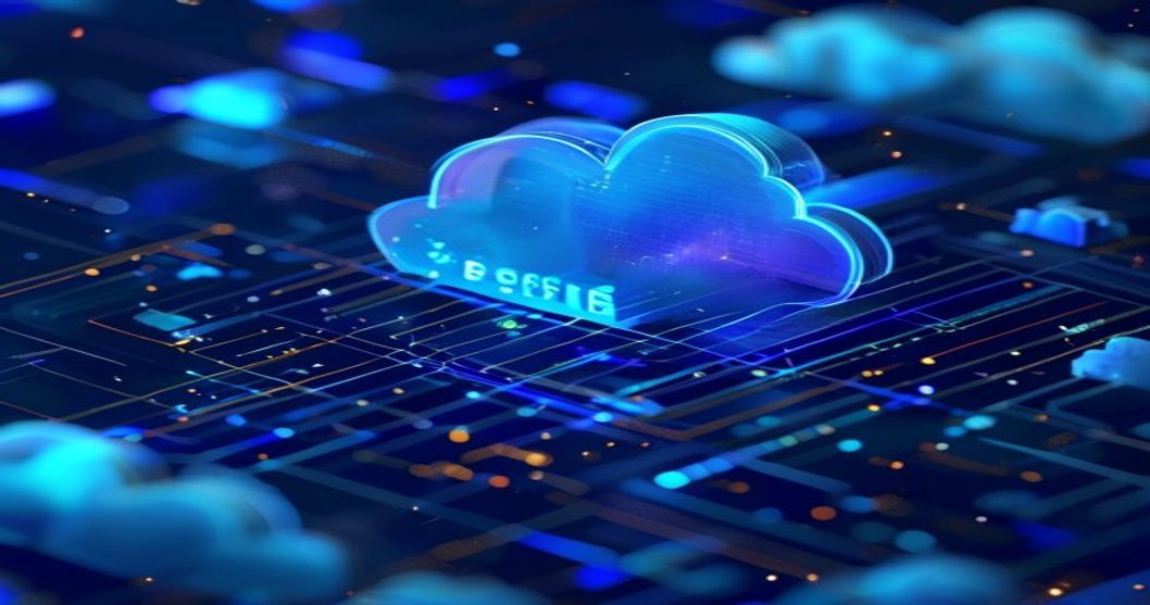 Two diverging geometric pathways merging into a single Azure cloud infrastructure node on a deep blue gradient background
