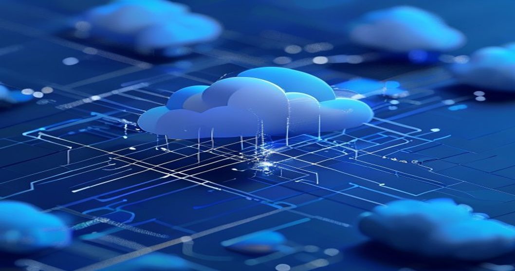 Abstract layered architecture of interconnected cloud platforms with glowing policy guardrails and branching network pathways on a dark blue background
