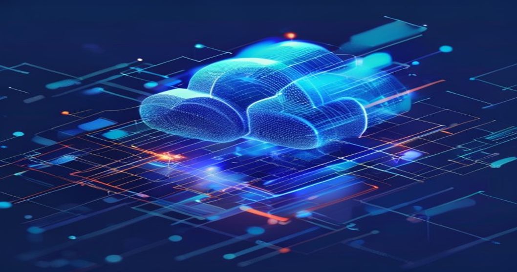 Glowing neural network pathways converging into a central cloud node surrounded by layered security shields and data streams