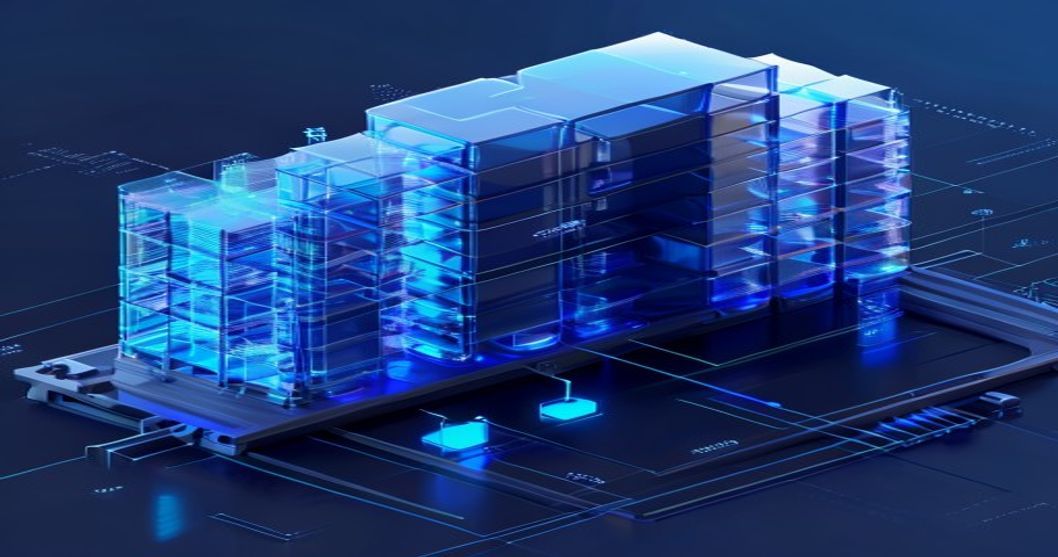 Isometric illustration of a multi-stage Docker build: glowing layered container images on a dark technical grid, with a lean optimized final image emerging from the build stages.