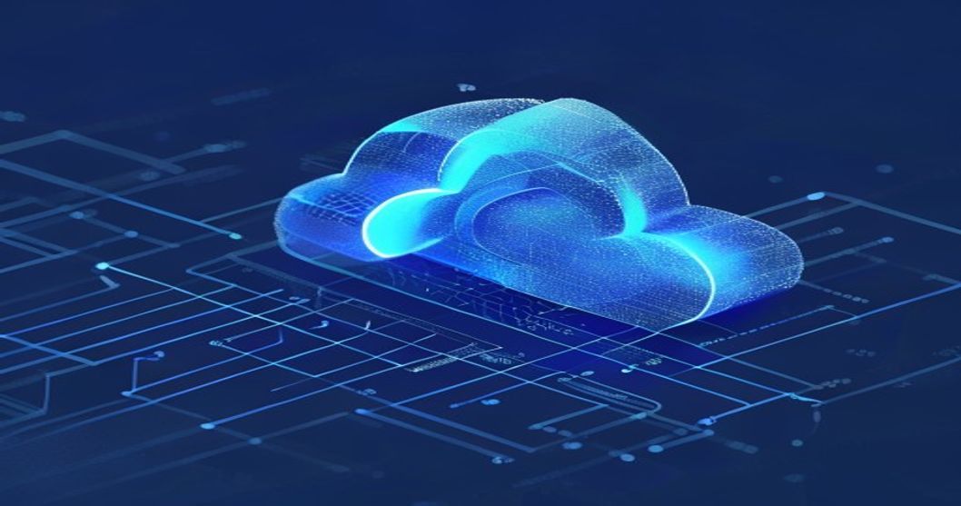 Abstract glowing token exchange between two geometric nodes connected by a secure digital bridge over a dark cloud infrastructure backdrop