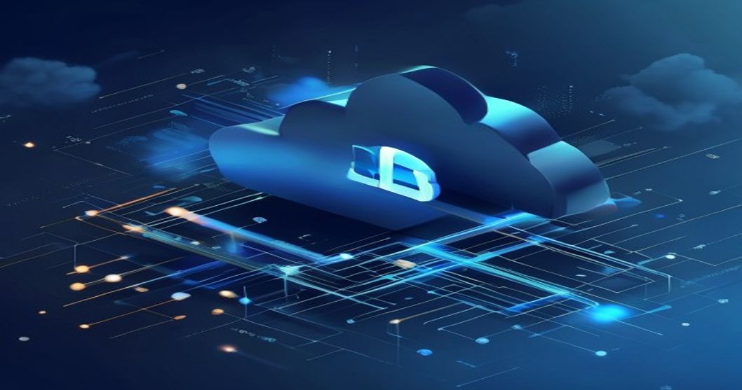 Layered translucent shields over a glowing cloud vault with data streams and lock icons in deep blue and silver tones