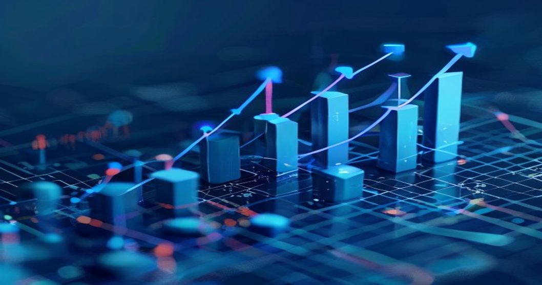 Glowing blue graph lines spiking upward against a dark cloud-themed abstract background with geometric cost-monitoring nodes