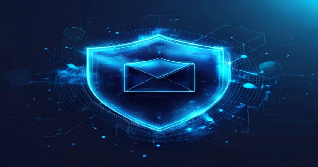 abstract layered shield motifs filtering glowing envelope icons through concentric security gates