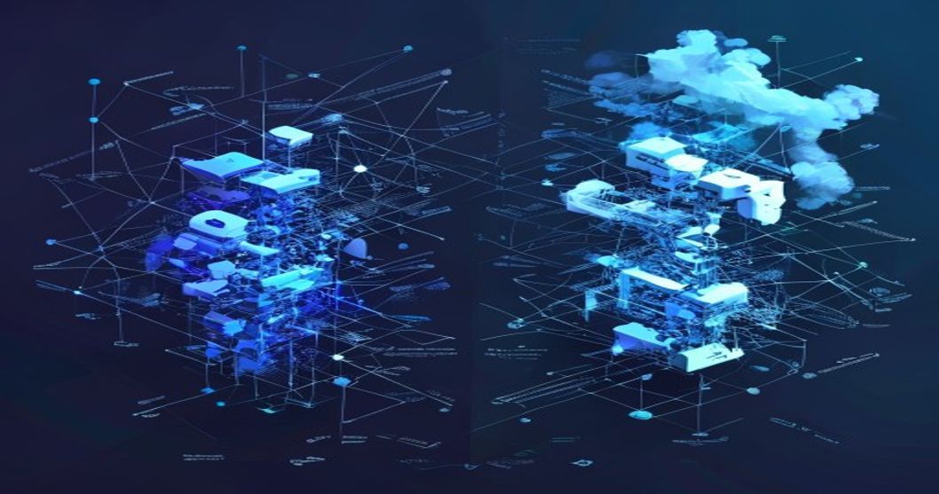 Two contrasting AI agent orchestration architectures side by side in navy and Azure blue — a rigid directed graph beside a branching multi-agent crew