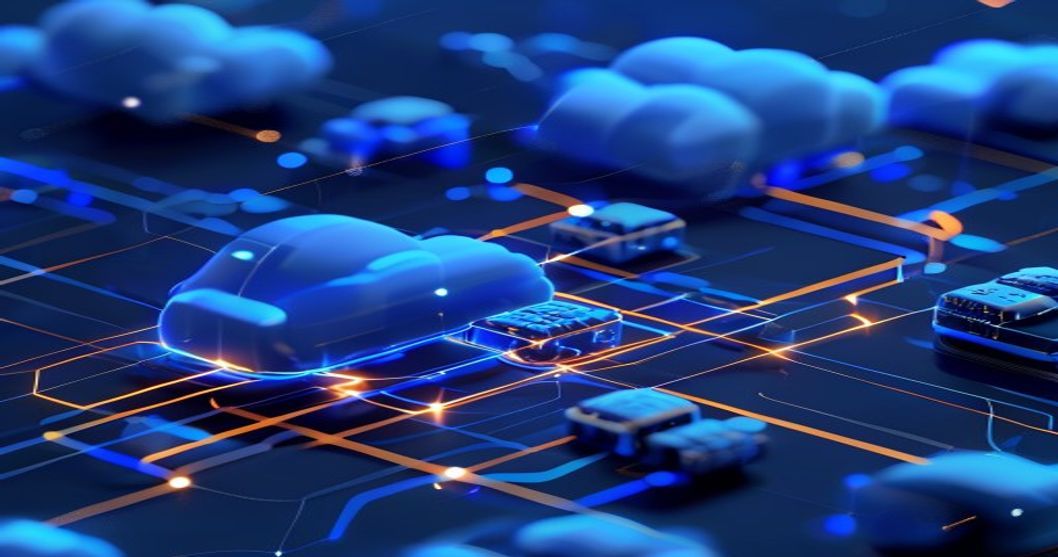 Abstract layered cloud storage nodes connected by glowing sync pathways