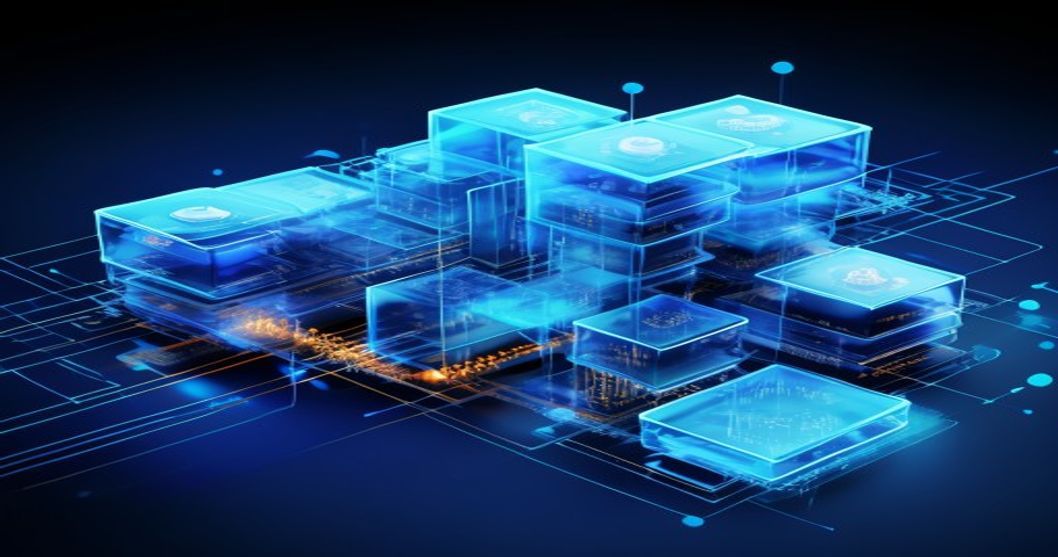 Layered translucent data cache blocks flowing through a token pipeline in navy and Azure blue, a stable reused prefix beside a small fresh segment