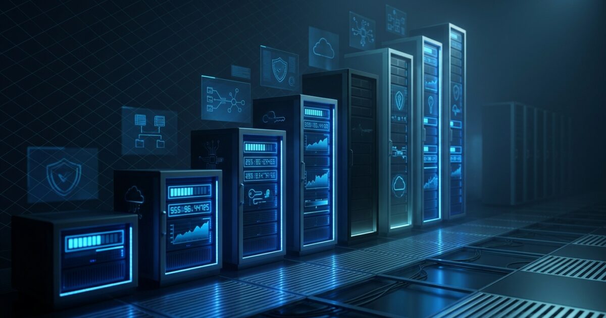 Abstract dark illustration of Kubernetes node pool blocks shrinking to fit their workload containers above a descending cost curve