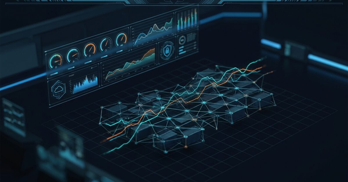 Abstract network of luminous nodes and flowing data streams converging into a central glowing dashboard panel against a dark blue background