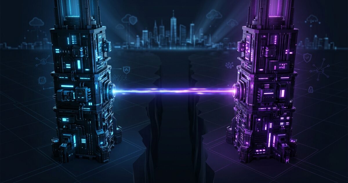 Two intersecting orbital paths around a shared cloud core, rendered in electric blue and violet gradients on a dark background, symbolizing platform convergence and choice