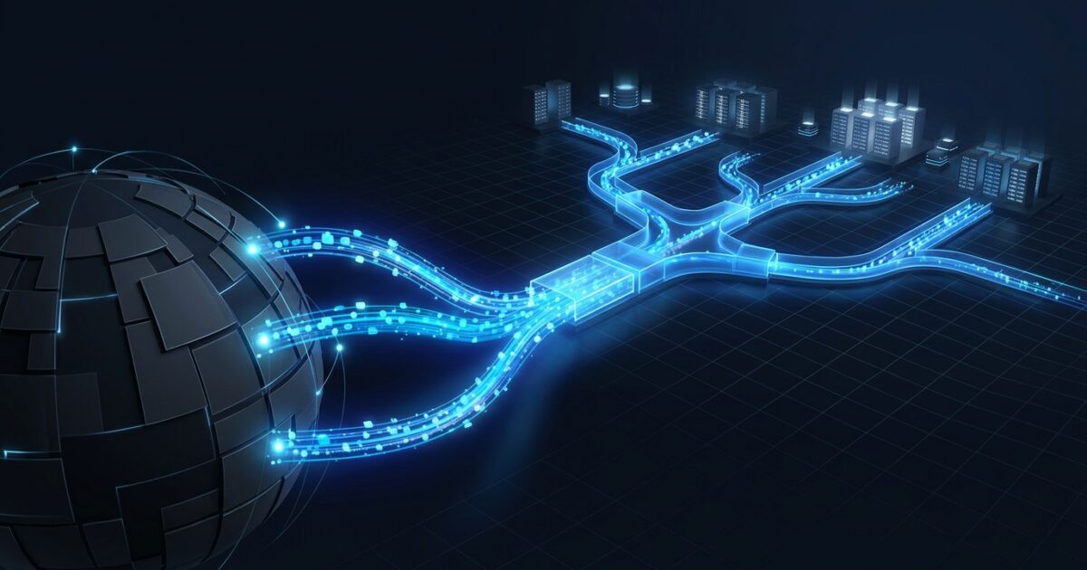 Abstract network of glowing nodes and layered routing paths converging across a stylised global map in deep blue and cyan