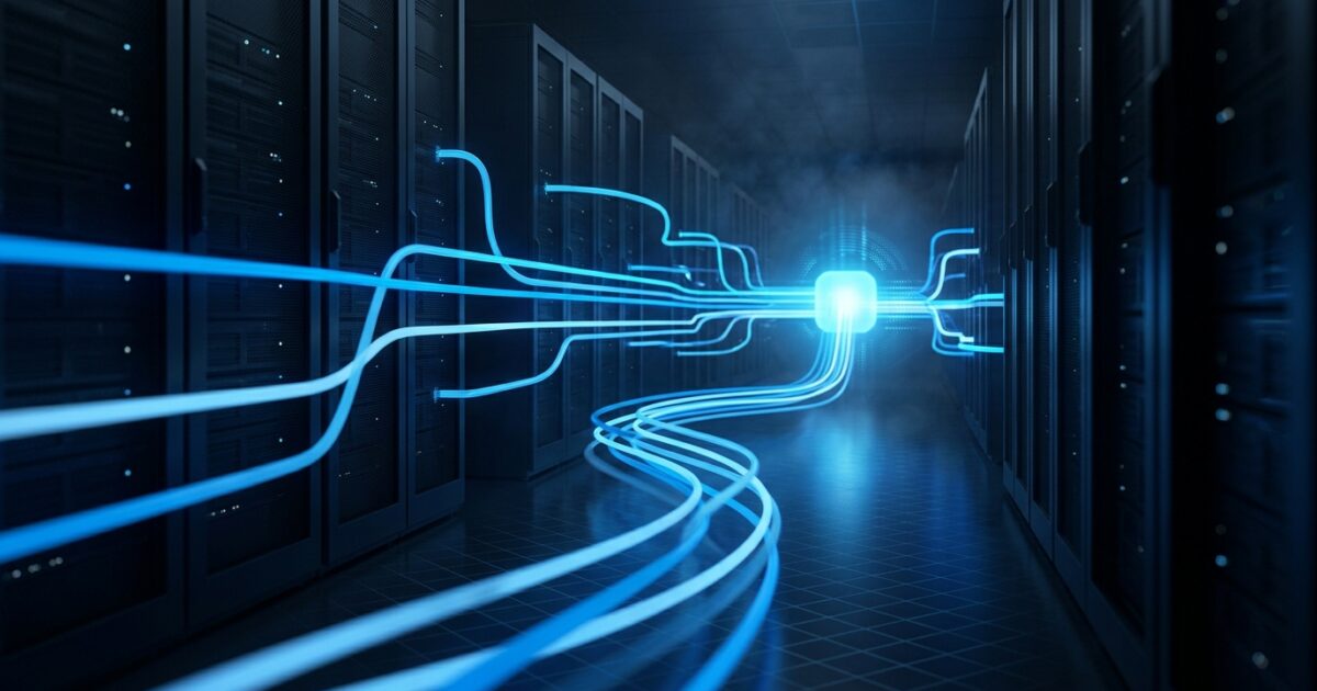 Dark abstract visualization of a branching automation workflow with glowing blue nodes fanning out and reconverging into a single reliable pipeline