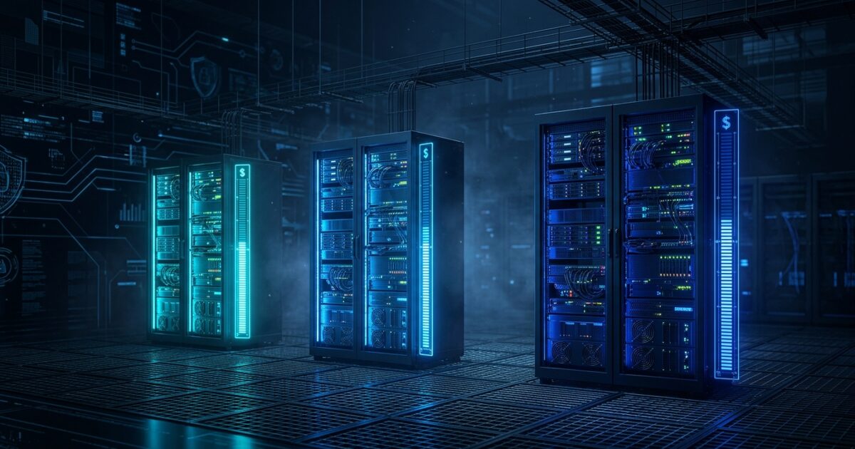 Abstract dark illustration of three descending blue cost curves over a data center grid representing Azure commitment discount tiers