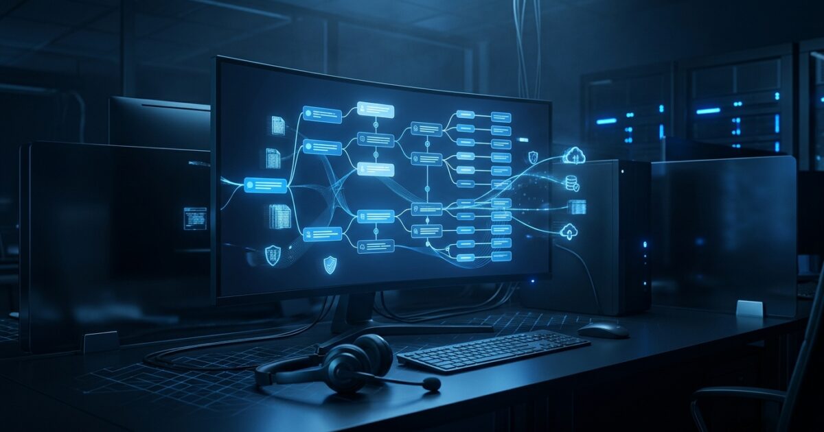 Dark control-room scene showing a chat bubble in Teams branching into a knowledge library and a ticket record, connected by glowing blue automation lines