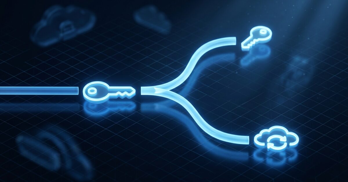 A glowing passkey symbol splitting into two branching paths, one ending in a hardware security key and the other in a cloud sync icon, over a dark blue geometric grid