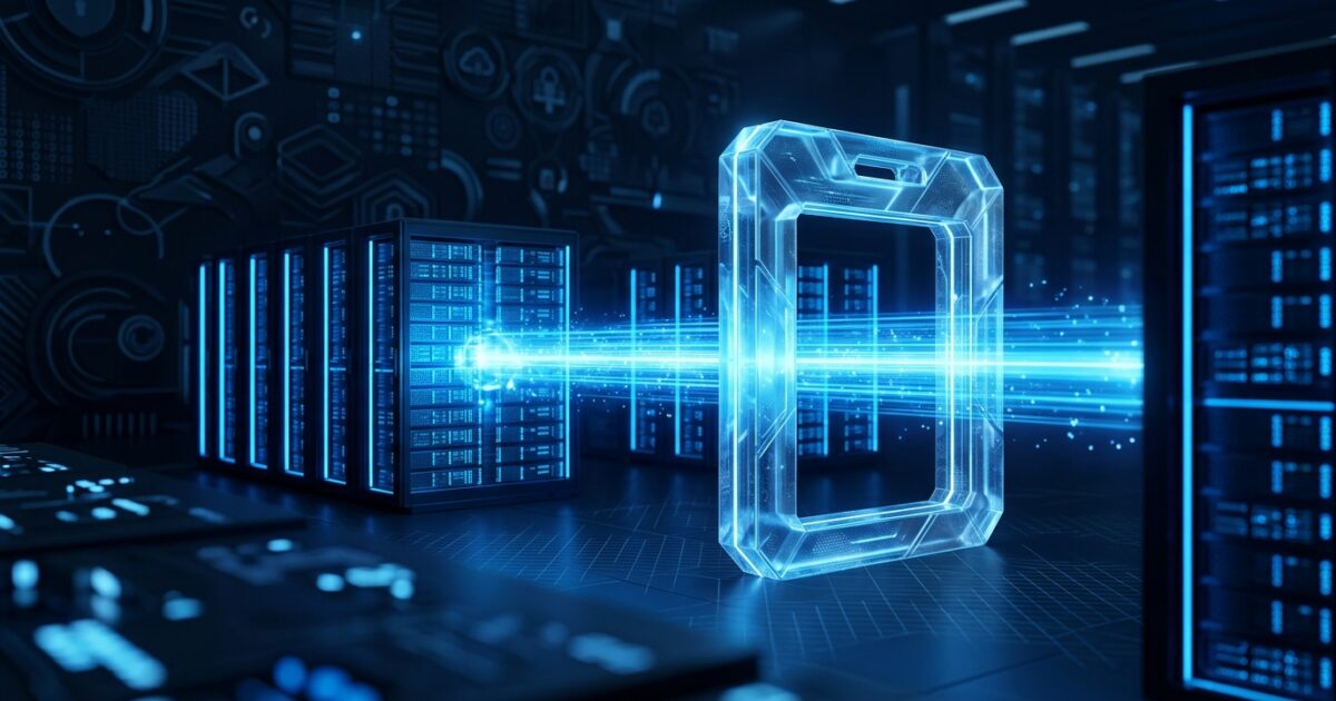 A broken padlock dissolving into a stream of short-lived digital tokens flowing between a pipeline runner and a cloud identity boundary on a dark technical backdrop