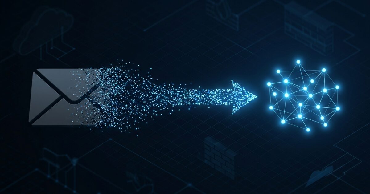A dimming envelope icon on the left dissolving into particles that stream along a one-way arrow into a bright interconnected node cluster on the right, over a dark blue technical grid
