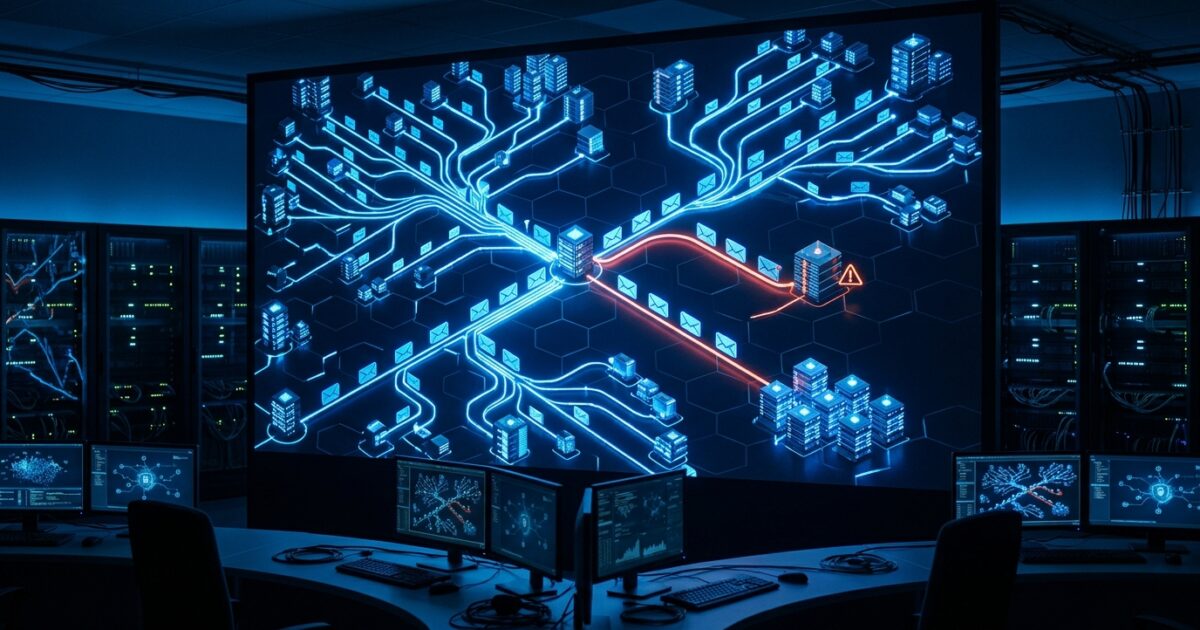 Dark network operations view of an email delivery path with glowing blue message nodes, a branching filter checkpoint, and one dropped message highlighted in amber