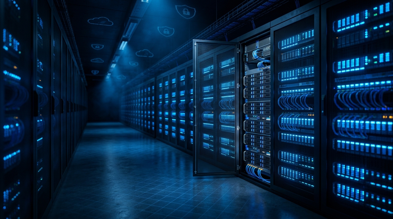Dark data center aisle with rows of glowing blue storage arrays, one rack door open