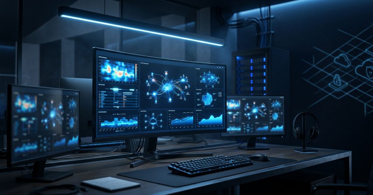 Dark multi-monitor admin desk showing blue usage dashboards, network graphs, and activity trend charts