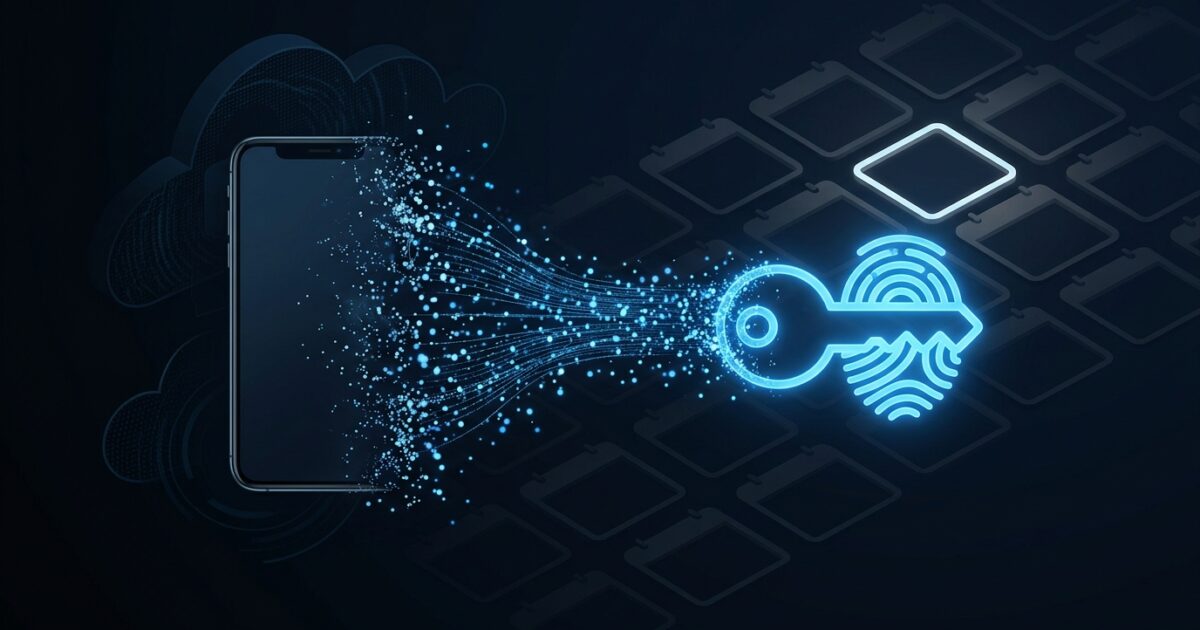 A fading mobile phone icon dissolving into glowing passkey and security key symbols against a dark blue gradient, with a countdown calendar motif in the background