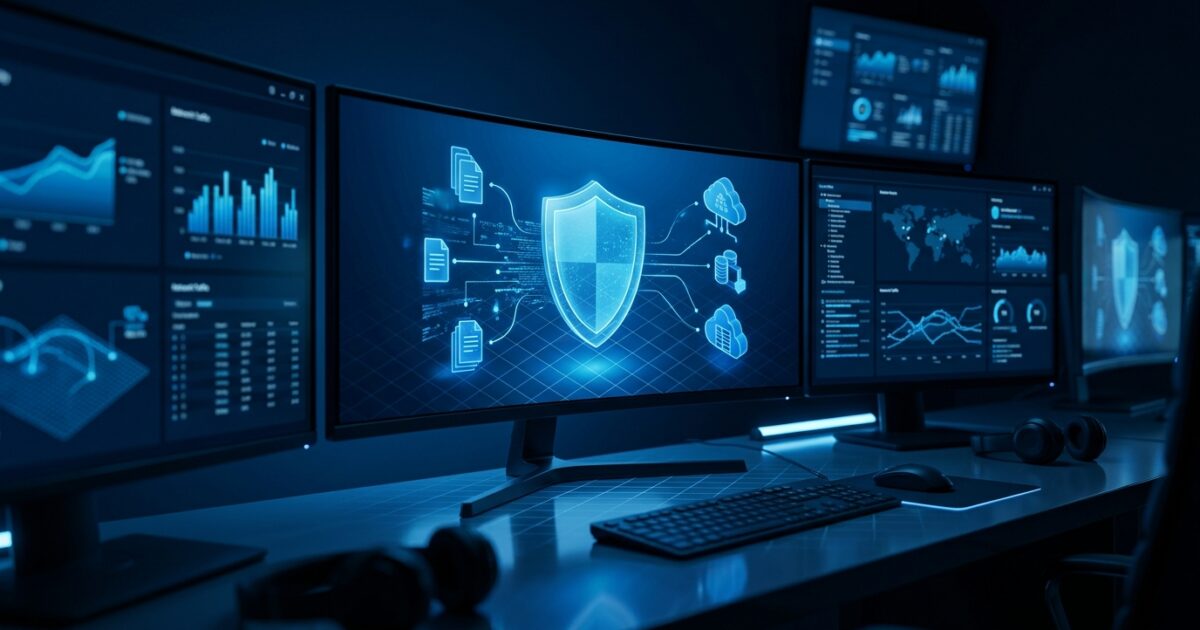 Dark security operations desk showing a shielded document flowing from a laptop to an email icon, with amber policy-block indicators