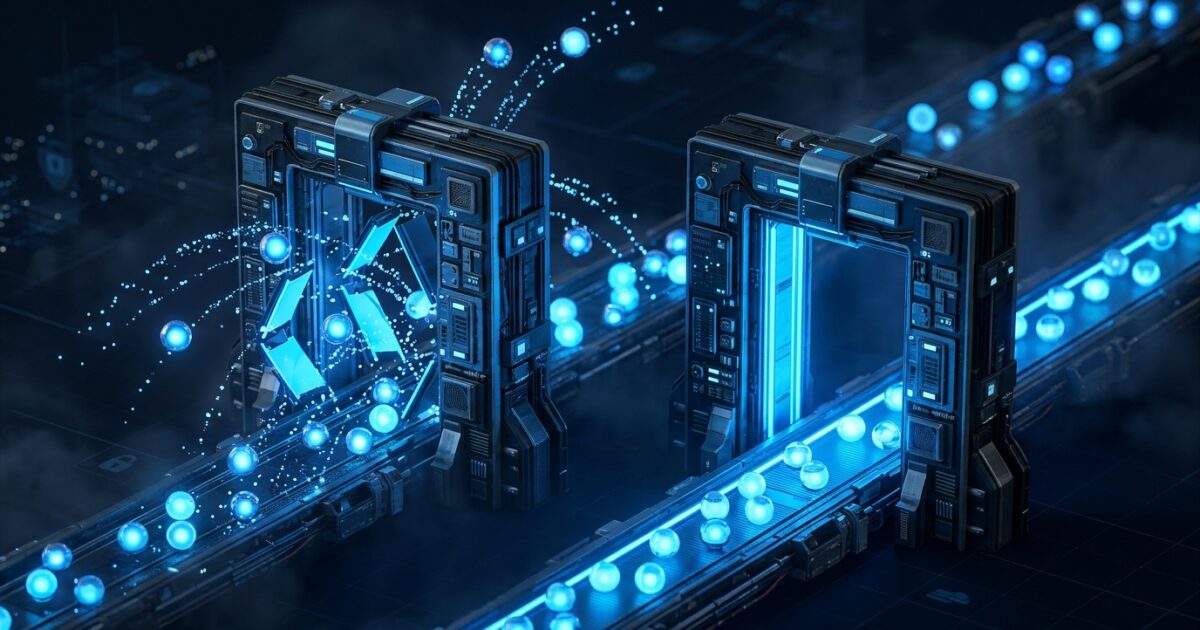 Abstract dark illustration of a Kubernetes API request passing through two parallel policy gates rendered as glowing blue checkpoints