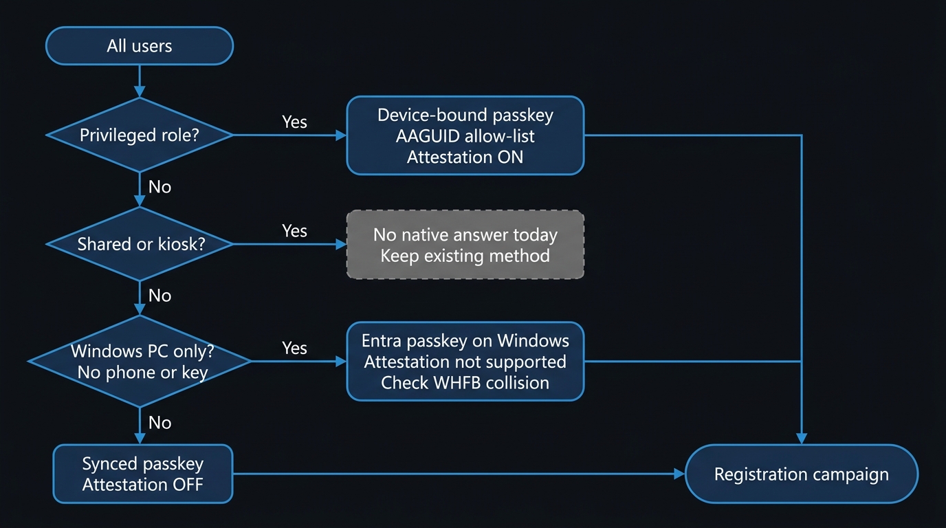 Decision flowchart for choosing a passkey type. All users pass through three questions in order. Privileged role? Yes gives a device-bound passkey with an AAGUID allow-list and attestation ON. Otherwise, shared or kiosk device? Yes is a dead end with no native answer today, keep the existing method. Otherwise, Windows PC only with no phone or key? Yes gives Entra passkey on Windows, where attestation is not supported and a Windows Hello for Business collision must be checked first. Otherwise a synced passkey with attestation OFF. The three passkey outcomes converge on a registration campaign; the shared or kiosk branch does not.