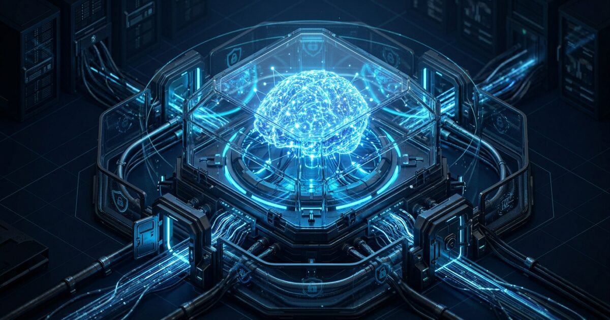 Abstract geometric network of glowing blue nodes and encrypted data streams converging on a secured vault icon against a dark background