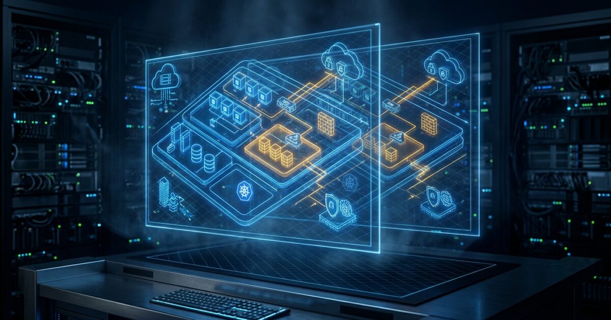 Abstract dark illustration of a blue infrastructure blueprint grid diverging from a misaligned overlay representing Terraform state drift on Azure