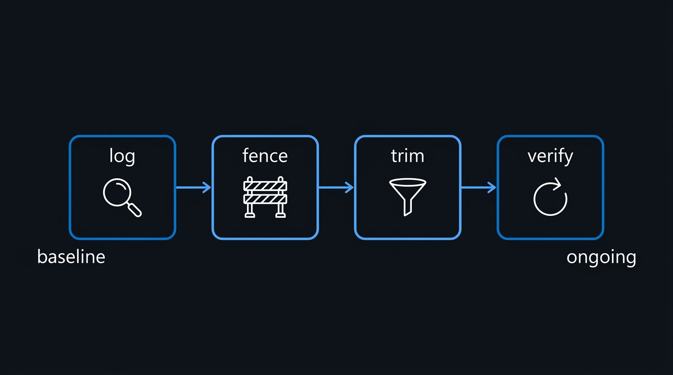 Illustration: Fixing guardrails on a live assistant follows a strict order: measure first, cut off risky sources second, filter by permission third, then check forever.