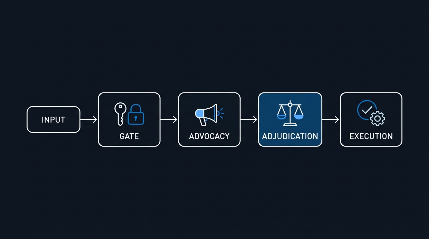 Illustration: One command routes a request through a complexity gate, then advocacy, adjudication, and execution in strict order.