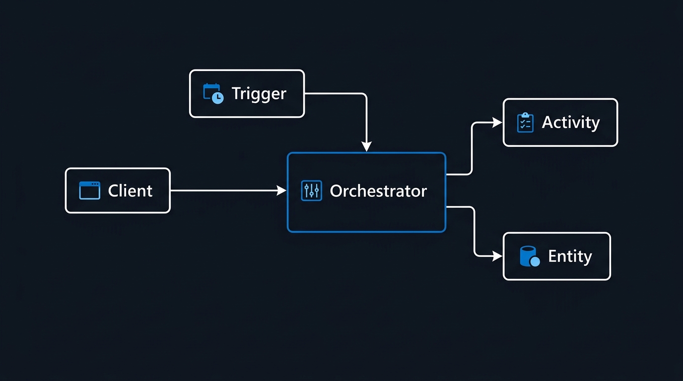 Illustration: A single starter trigger launches an orchestrator that calls activities and reads or updates entities.