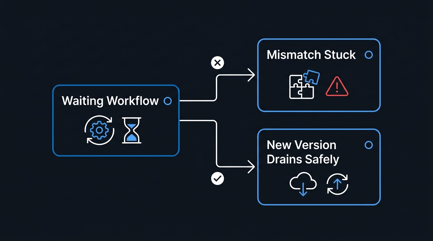Illustration: An in-flight workflow replaying against reordered code hits a mismatch and gets stuck, while a side-by-side copy lets it drain safely.