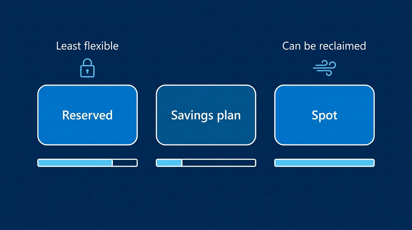 Illustration: Three purchase models trade flexibility for discount depth: a fixed commitment, a flexible spend commitment, and a reclaimable spare-capacity rate.