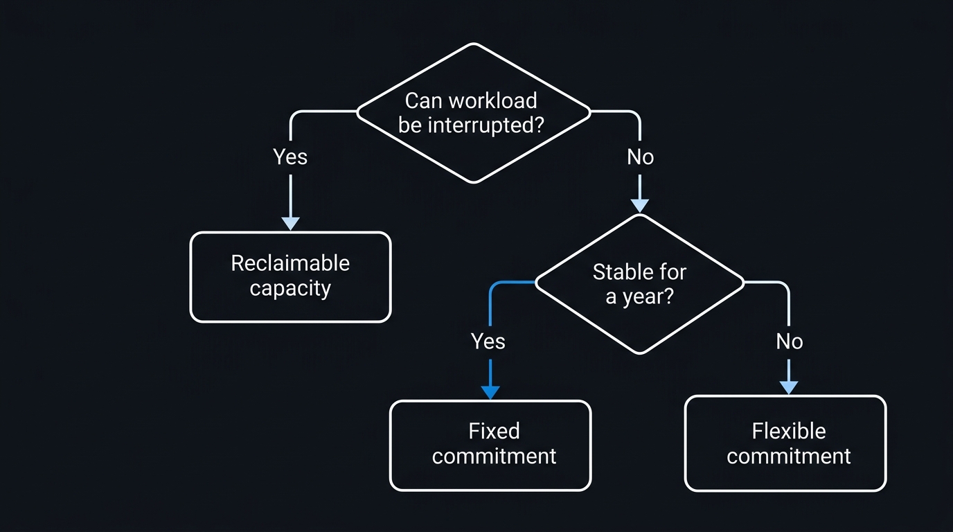 Illustration: A branching decision path runs from interruption tolerance and workload stability down to the matching purchase model.