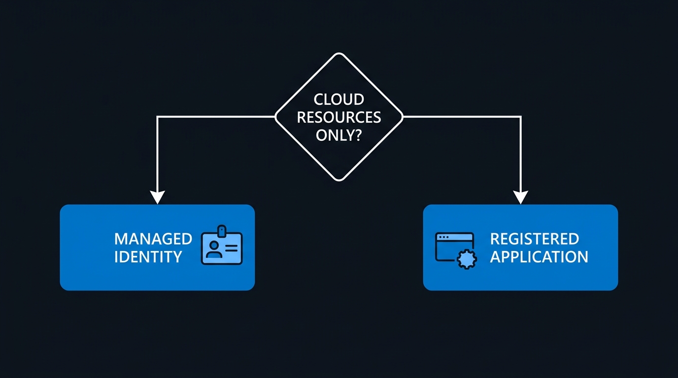 Illustration: A branching decision walks from whether the pipeline touches only cloud resources down to the right identity object to create.