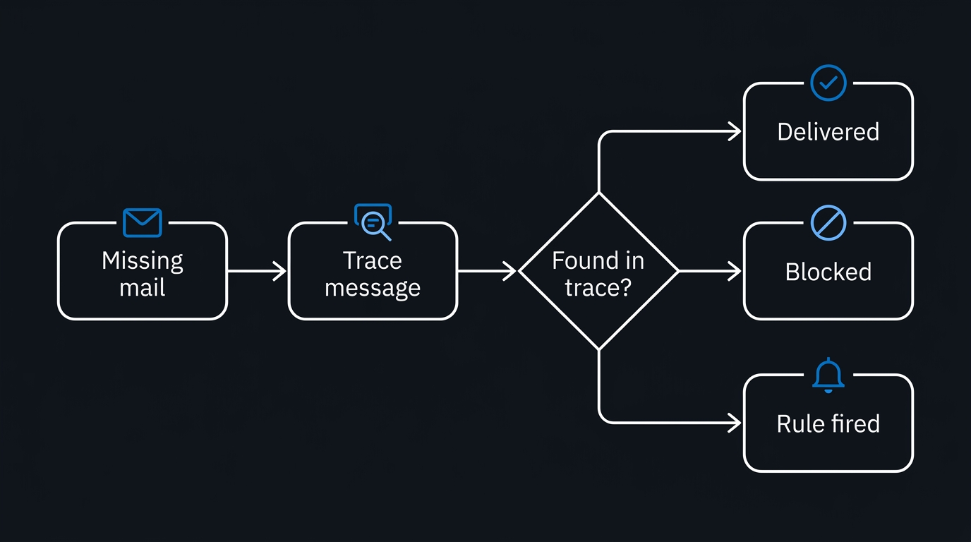 Illustration: A missing-mail investigation follows one path from tracing the message through its delivery status to the specific cause.