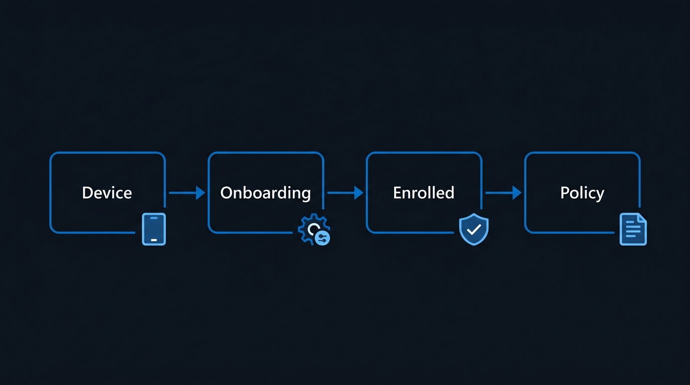 Illustration: A device must complete onboarding to the endpoint agent pipeline before any protection policy can ever apply to it.