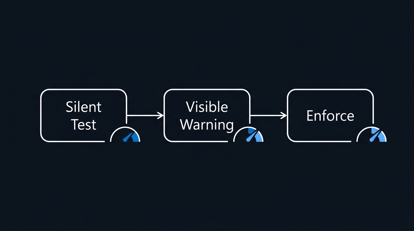 Illustration: A new policy moves from silent measurement, to visible warnings, to full enforcement, only after each stage proves clean.