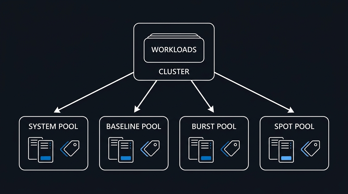 Illustration: Cluster workloads split across four separate pools by shape and interruptibility rather than by team, each with its own scaling behavior.