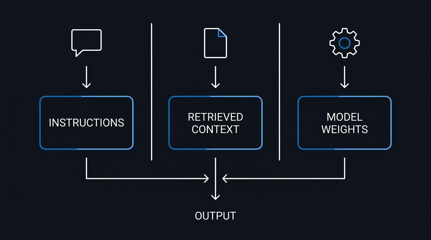 Illustration: Three separate levers change different layers of a model's behavior: the instructions it is given, the context it is shown, and the weights inside it.