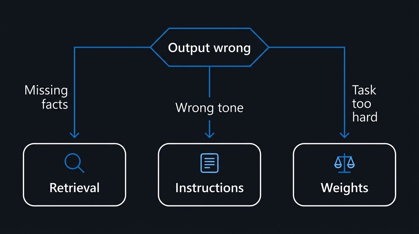 Illustration: A branching decision path runs from a wrong output through missing facts, tone problems, and task difficulty to the right fix.