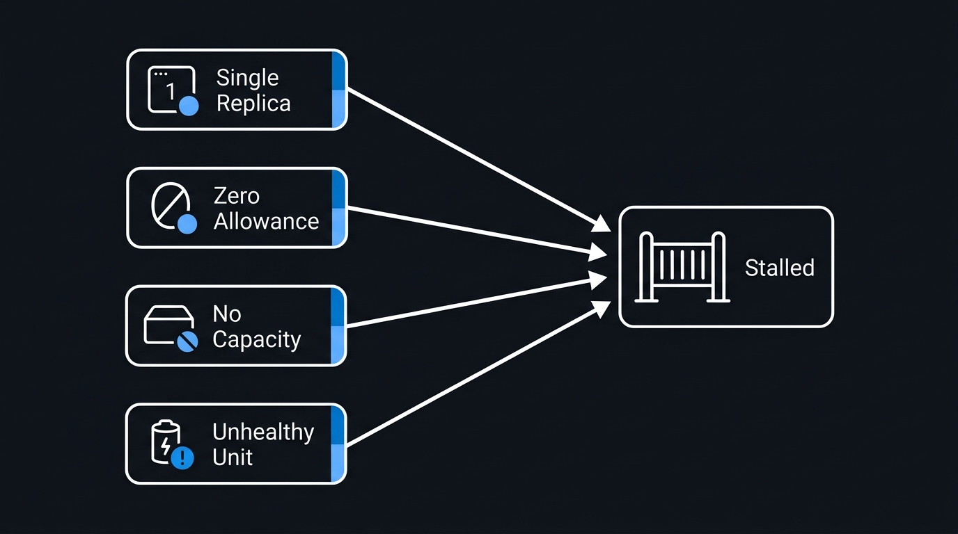 Illustration: Four distinct causes all converge on the same symptom: a maintenance operation that never finishes.
