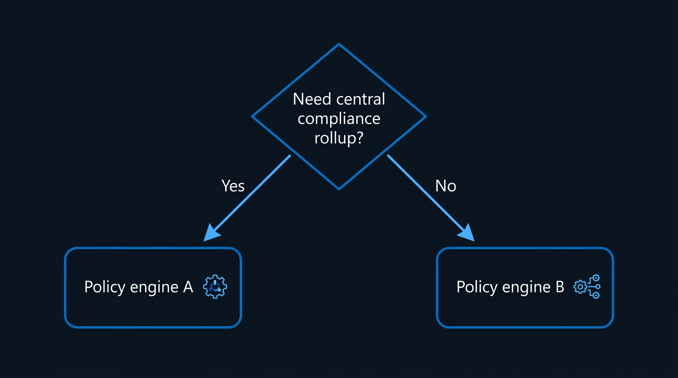 Illustration: A branching decision path runs from compliance and automation requirements down to a choice between two policy engines.