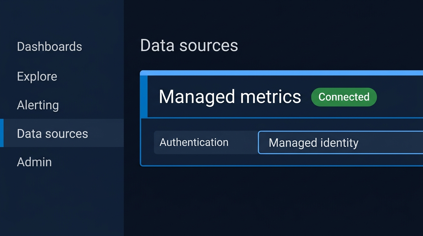 Mock-up (not a screenshot): The dashboard tool's data sources page showing the auto-configured monitoring workspace connection succeeded.