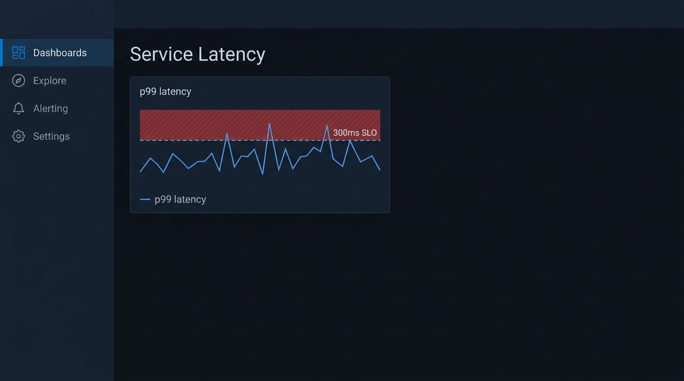 Mock-up (not a screenshot): A dashboard panel plotting p99 latency against a flat SLO reference line with a colored threshold band.