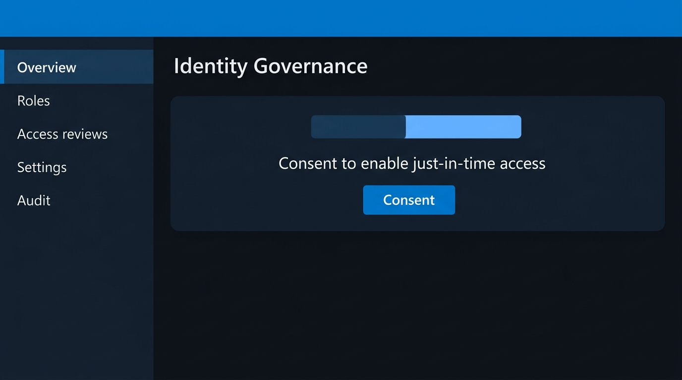 Mock-up (not a screenshot): The identity governance page prompting consent to enable privileged identity management for the tenant.