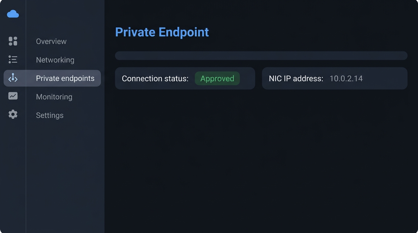 Mock-up (not a screenshot): The private endpoint detail page showing the connection approved and its assigned private IP address.
